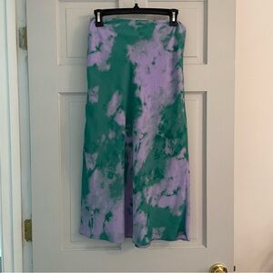 Nwt Entro Green and Purple Tie Dye A-Line Midi Skirt with Slit Size Large